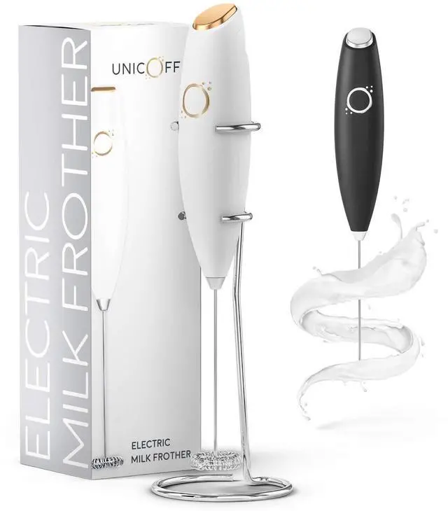 Main image of Milk Frother White - Coffee Frother Handheld with Electric Whisk - 19000 rpm - Book Recipes and Stainless Steel Stand Included - Hand Mixer Electric (White and Gold)