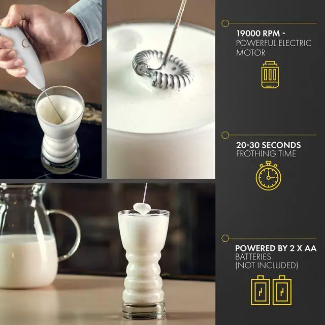 Alt view image 3 of 6 - Milk Frother White - Coffee Frother Handheld with Electric Whisk - 19000 rpm - Book Recipes and Stainless Steel Stand Included - Hand Mixer Electric (White and Gold)