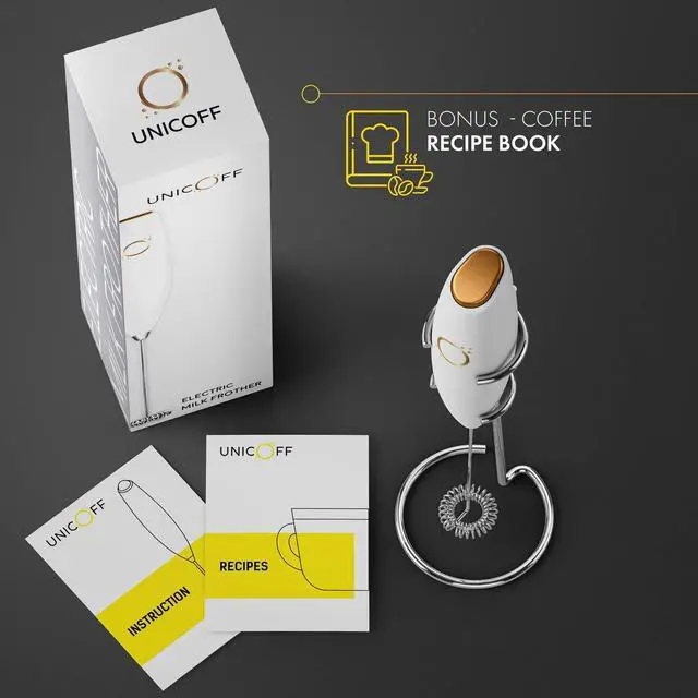 Alt view image 5 of 6 - Milk Frother White - Coffee Frother Handheld with Electric Whisk - 19000 rpm - Book Recipes and Stainless Steel Stand Included - Hand Mixer Electric (White and Gold)
