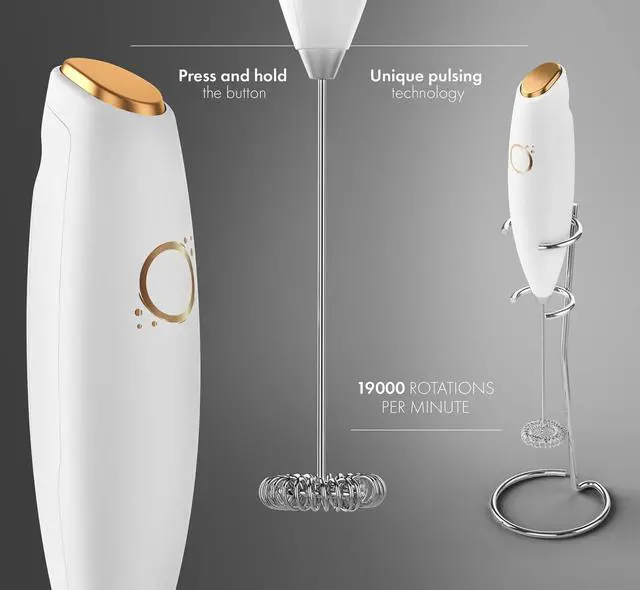 Alt view image 6 of 6 - Milk Frother White - Coffee Frother Handheld with Electric Whisk - 19000 rpm - Book Recipes and Stainless Steel Stand Included - Hand Mixer Electric (White and Gold)