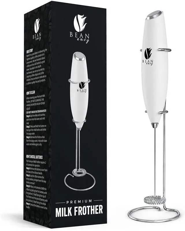 Main image of Bean Envy Milk Frother, Coffee Stirrers, Frother Wand, Milk Frother Handheld, Frother with stand, Hand Blender for Coffee, Lattes, Cappuccino, Matcha and Hot Chocolate Kitchen Gifts - White