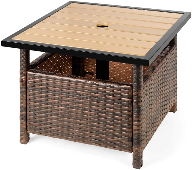 Main image of Wicker Side Table with Umbrella Hole, Square PE Rattan Outdoor End Table for Patio, Garden, Poolside, Deck w/UV-Resistant Frame, Storage Space - Brown