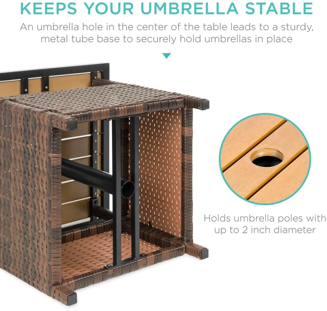 Alt view image 4 of 7 - Wicker Side Table with Umbrella Hole, Square PE Rattan Outdoor End Table for Patio, Garden, Poolside, Deck w/UV-Resistant Frame, Storage Space - Brown