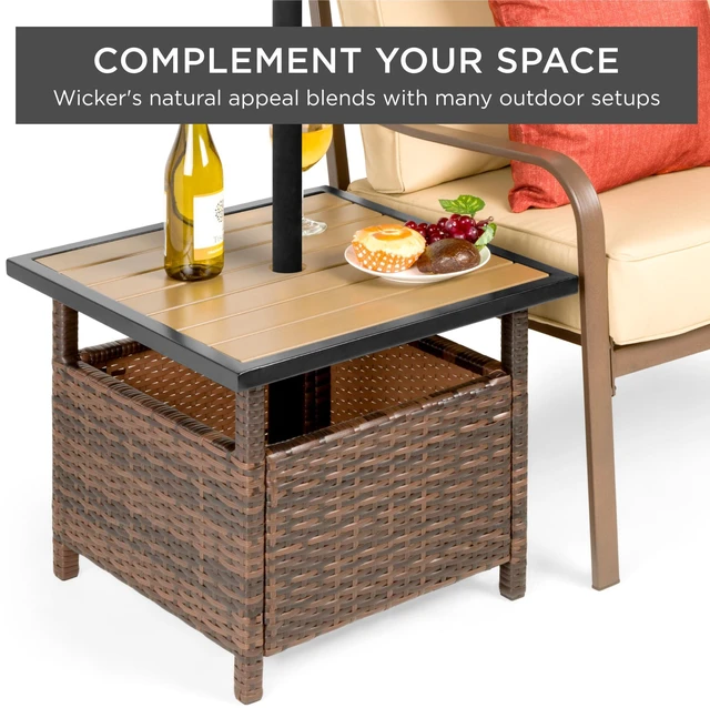 Alt view image 5 of 7 - Wicker Side Table with Umbrella Hole, Square PE Rattan Outdoor End Table for Patio, Garden, Poolside, Deck w/UV-Resistant Frame, Storage Space - Brown