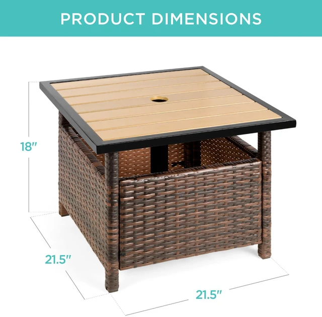 Alt view image 7 of 7 - Wicker Side Table with Umbrella Hole, Square PE Rattan Outdoor End Table for Patio, Garden, Poolside, Deck w/UV-Resistant Frame, Storage Space - Brown