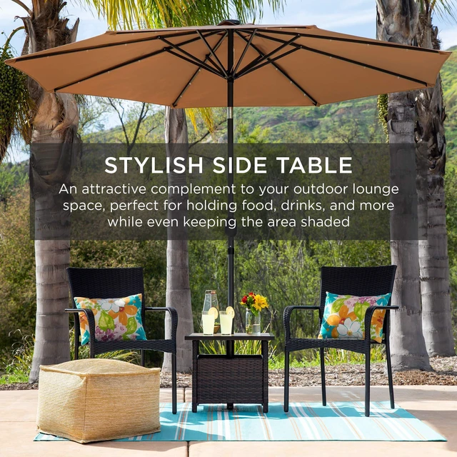 Alt view image 6 of 7 - Wicker Side Table with Umbrella Hole, Square PE Rattan Outdoor End Table for Patio, Garden, Poolside, Deck w/UV-Resistant Frame, Storage Space - Brown