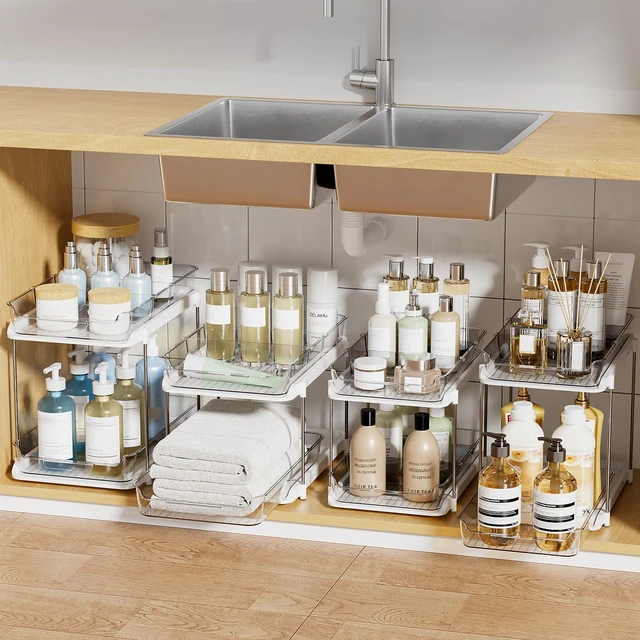 Main image of 2-Tier Multi-Purpose Bathroom Under Sink Organizers and Storage, Stackable Kitchen Pantry Organization, Pull Out Medicine Cabinet Organizer with Movable Dividers, White, 4Pack