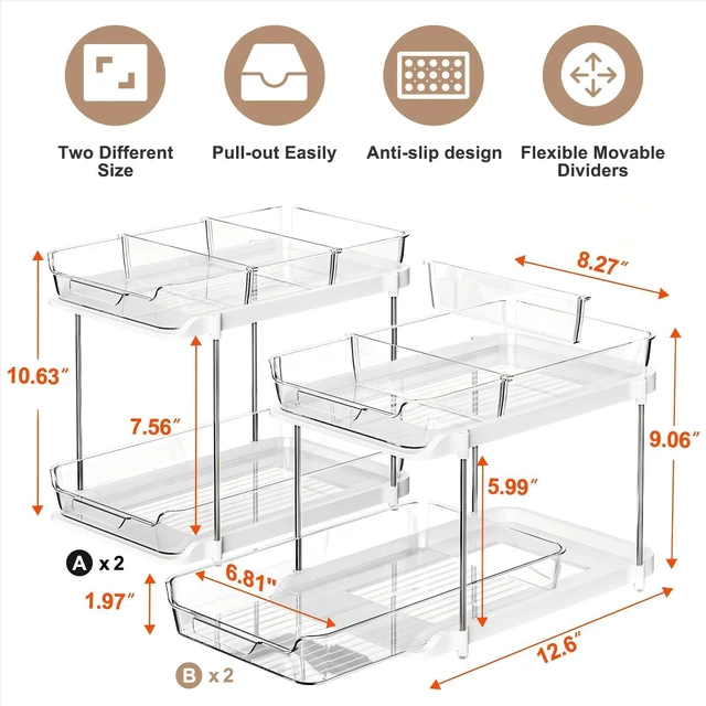 Alt view image 2 of 7 - 2-Tier Multi-Purpose Bathroom Under Sink Organizers and Storage, Stackable Kitchen Pantry Organization, Pull Out Medicine Cabinet Organizer with Movable Dividers, White, 4Pack