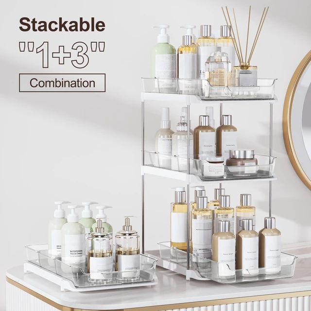 Alt view image 3 of 7 - 2-Tier Multi-Purpose Bathroom Under Sink Organizers and Storage, Stackable Kitchen Pantry Organization, Pull Out Medicine Cabinet Organizer with Movable Dividers, White, 4Pack