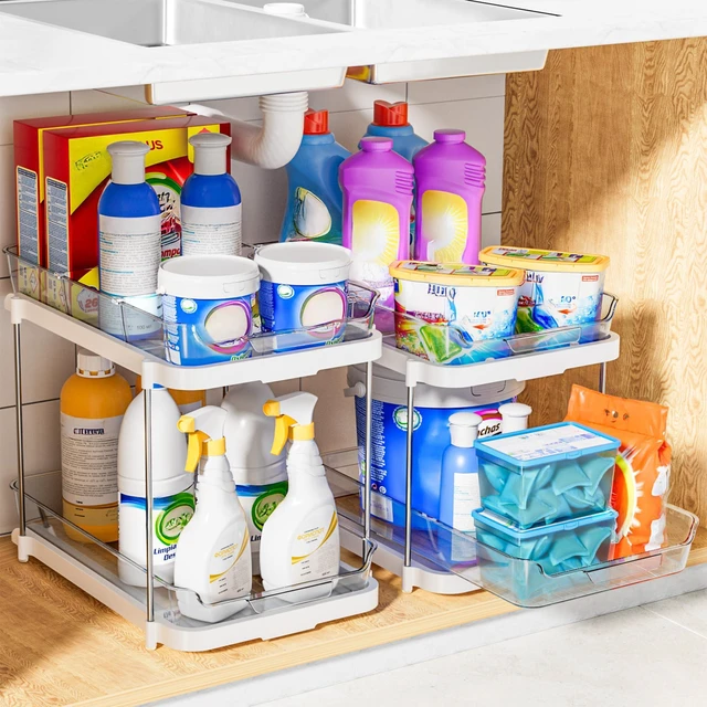 Alt view image 5 of 7 - 2-Tier Multi-Purpose Bathroom Under Sink Organizers and Storage, Stackable Kitchen Pantry Organization, Pull Out Medicine Cabinet Organizer with Movable Dividers, White, 4Pack