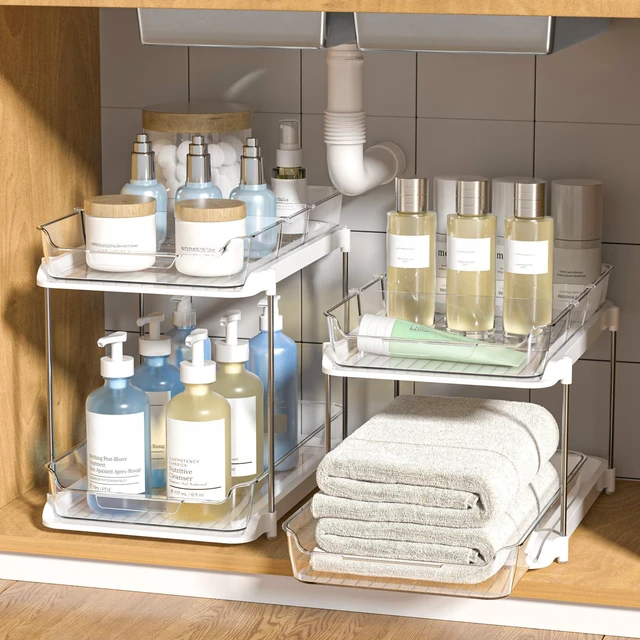 Alt view image 6 of 7 - 2-Tier Multi-Purpose Bathroom Under Sink Organizers and Storage, Stackable Kitchen Pantry Organization, Pull Out Medicine Cabinet Organizer with Movable Dividers, White, 4Pack