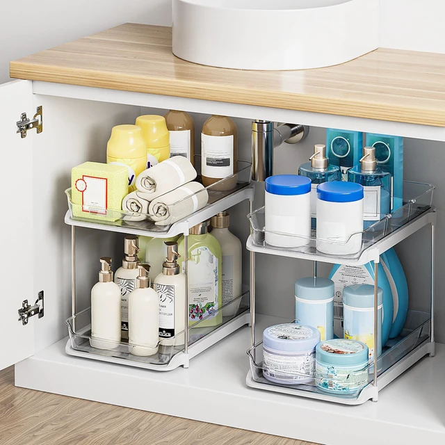 Alt view image 7 of 7 - 2-Tier Multi-Purpose Bathroom Under Sink Organizers and Storage, Stackable Kitchen Pantry Organization, Pull Out Medicine Cabinet Organizer with Movable Dividers, White, 4Pack