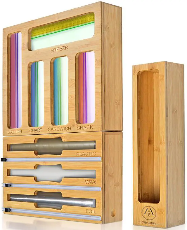 Main image of 9 IN 1 Bamboo Foil and Plastic Wrap Organizer for Kitchen Drawer, Plastic Bag Organizer Organization and Storage, Food Storage Bag Organizer with Labels for Quart Gallon Snack Sandwich