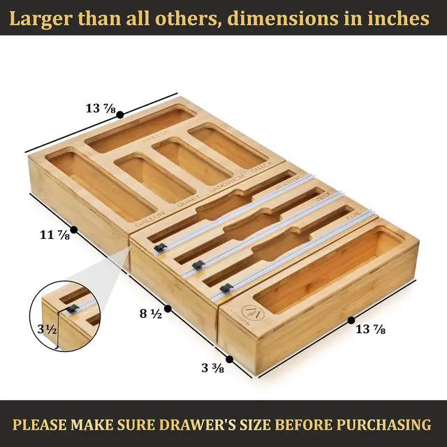 Alt view image 2 of 7 - 9 IN 1 Bamboo Foil and Plastic Wrap Organizer for Kitchen Drawer, Plastic Bag Organizer Organization and Storage, Food Storage Bag Organizer with Labels for Quart Gallon Snack Sandwich