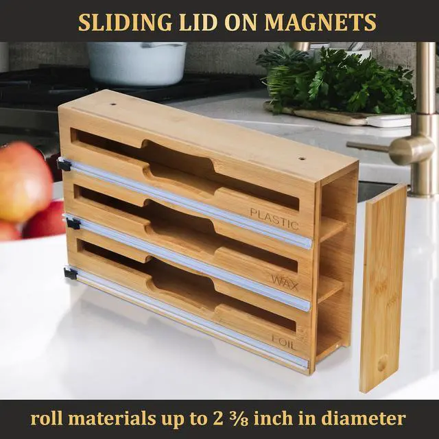 Alt view image 3 of 7 - 9 IN 1 Bamboo Foil and Plastic Wrap Organizer for Kitchen Drawer, Plastic Bag Organizer Organization and Storage, Food Storage Bag Organizer with Labels for Quart Gallon Snack Sandwich