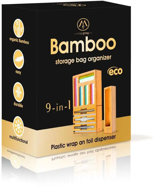 Alt view image 5 of 7 - 9 IN 1 Bamboo Foil and Plastic Wrap Organizer for Kitchen Drawer, Plastic Bag Organizer Organization and Storage, Food Storage Bag Organizer with Labels for Quart Gallon Snack Sandwich