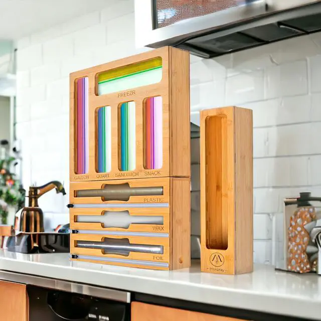 Alt view image 7 of 7 - 9 IN 1 Bamboo Foil and Plastic Wrap Organizer for Kitchen Drawer, Plastic Bag Organizer Organization and Storage, Food Storage Bag Organizer with Labels for Quart Gallon Snack Sandwich