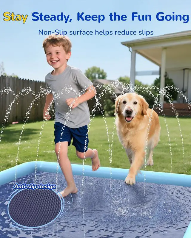 Alt view image 2 of 7 - VISTOP Non-Slip Splash Pad for Kids and Dog, Thicken Sprinkler Pool Summer Outdoor Water Toys - Fun Backyard Fountain Play Mat for Baby Girls Boys Children or Pet Dog (116 * 72 inch,Blue&Blue)