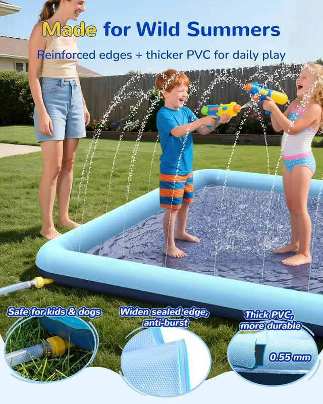 Alt view image 3 of 7 - VISTOP Non-Slip Splash Pad for Kids and Dog, Thicken Sprinkler Pool Summer Outdoor Water Toys - Fun Backyard Fountain Play Mat for Baby Girls Boys Children or Pet Dog (116 * 72 inch,Blue&Blue)