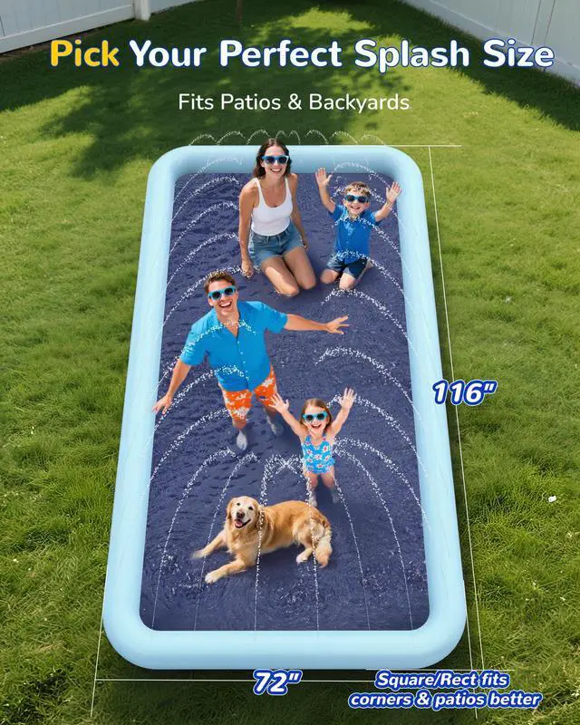 Alt view image 6 of 7 - VISTOP Non-Slip Splash Pad for Kids and Dog, Thicken Sprinkler Pool Summer Outdoor Water Toys - Fun Backyard Fountain Play Mat for Baby Girls Boys Children or Pet Dog (116 * 72 inch,Blue&Blue)