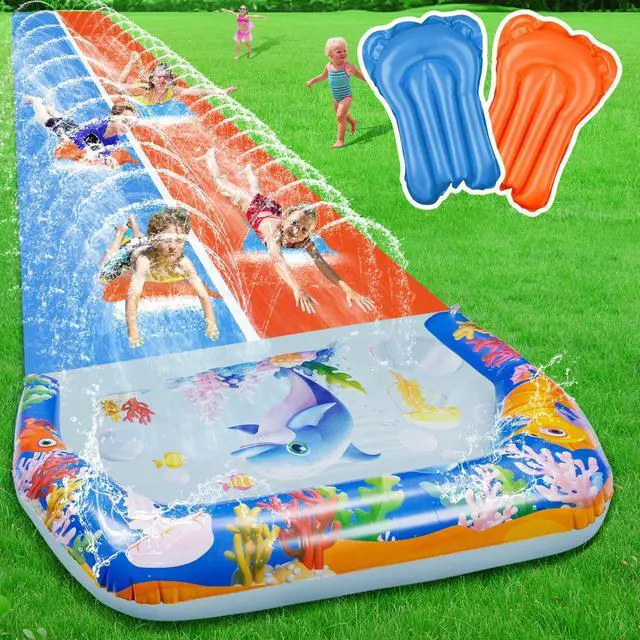Main image of 40FT Double Slip and Water Slides for Kids Adults Backyard, Extra Long Lawn Water Slides with 2 Bodyboards, Heavy Duty, Giant Inflatable Water Slip Toys with Crash Pad for Summer Outdoor Party