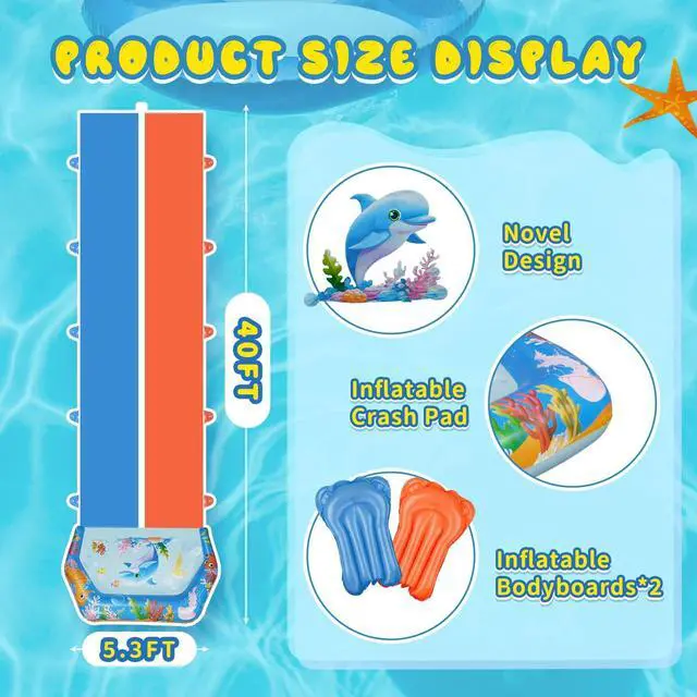 Alt view image 2 of 7 - 40FT Double Slip and Water Slides for Kids Adults Backyard, Extra Long Lawn Water Slides with 2 Bodyboards, Heavy Duty, Giant Inflatable Water Slip Toys with Crash Pad for Summer Outdoor Party