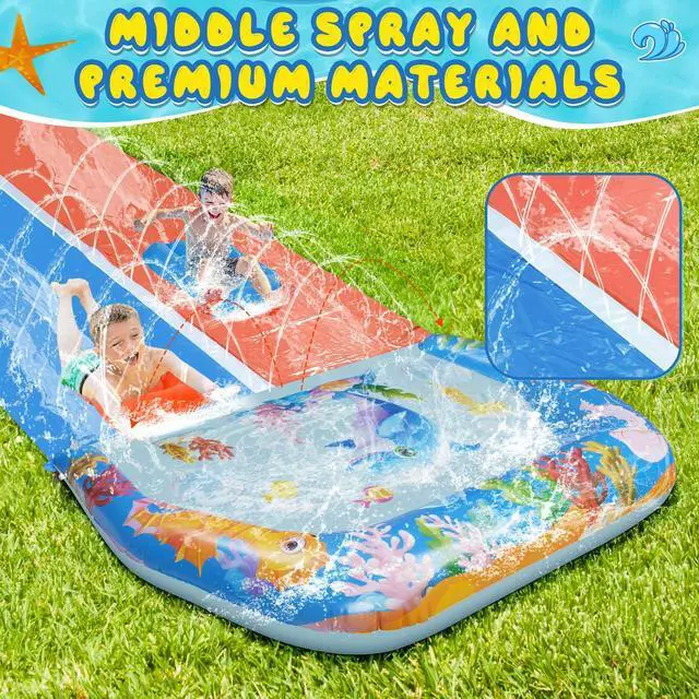 Alt view image 4 of 7 - 40FT Double Slip and Water Slides for Kids Adults Backyard, Extra Long Lawn Water Slides with 2 Bodyboards, Heavy Duty, Giant Inflatable Water Slip Toys with Crash Pad for Summer Outdoor Party