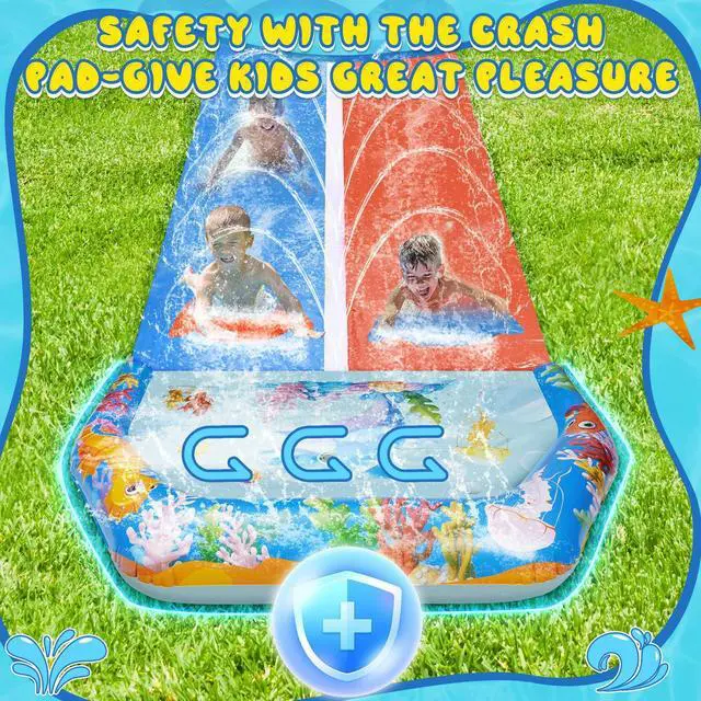 Alt view image 5 of 7 - 40FT Double Slip and Water Slides for Kids Adults Backyard, Extra Long Lawn Water Slides with 2 Bodyboards, Heavy Duty, Giant Inflatable Water Slip Toys with Crash Pad for Summer Outdoor Party