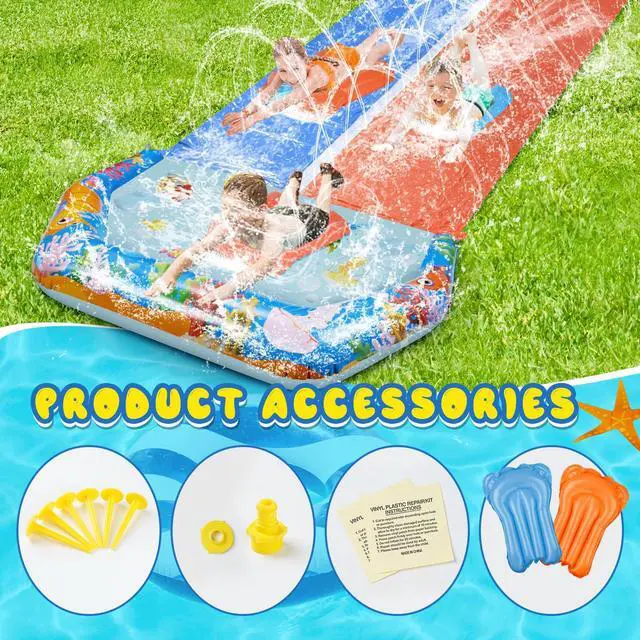 Alt view image 6 of 7 - 40FT Double Slip and Water Slides for Kids Adults Backyard, Extra Long Lawn Water Slides with 2 Bodyboards, Heavy Duty, Giant Inflatable Water Slip Toys with Crash Pad for Summer Outdoor Party