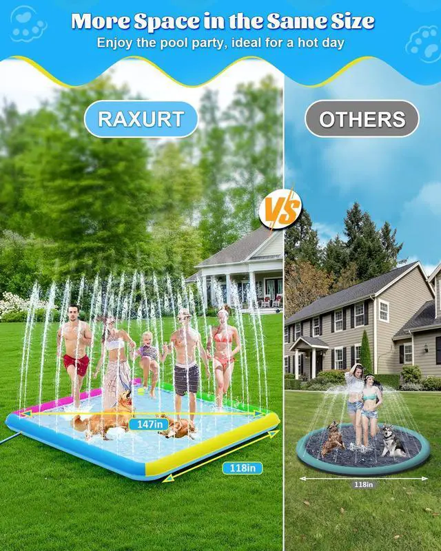 Alt view image 2 of 7 - Raxurt Splash Pad, 147"- 118" Non-Slip Splash Pad for Kids and Dogs, Thickened Durable Square Dog Pool with Sprinkler Summer Outdoor Water Toys for Toddler Girls Boys Children Pet (Colorful)