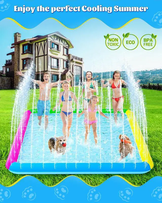 Alt view image 5 of 7 - Raxurt Splash Pad, 147"- 118" Non-Slip Splash Pad for Kids and Dogs, Thickened Durable Square Dog Pool with Sprinkler Summer Outdoor Water Toys for Toddler Girls Boys Children Pet (Colorful)