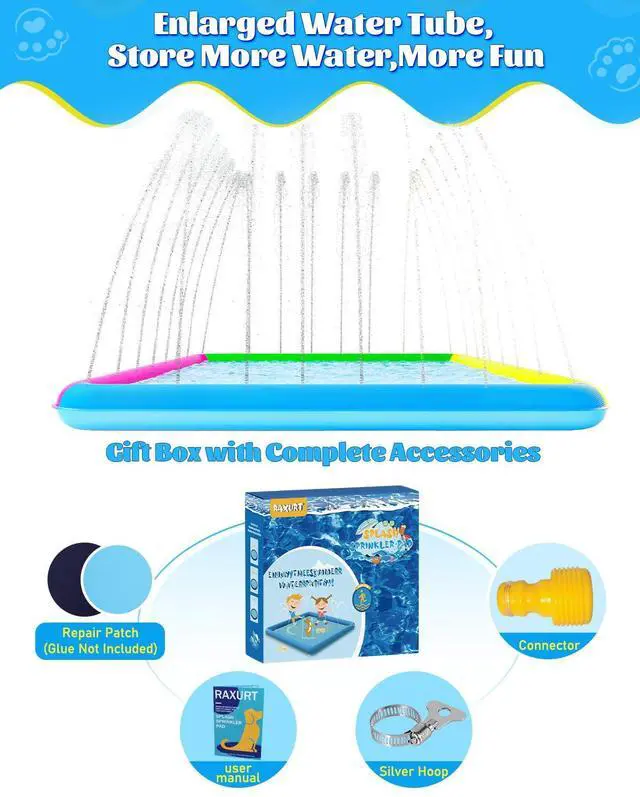 Alt view image 7 of 7 - Raxurt Splash Pad, 147"- 118" Non-Slip Splash Pad for Kids and Dogs, Thickened Durable Square Dog Pool with Sprinkler Summer Outdoor Water Toys for Toddler Girls Boys Children Pet (Colorful)