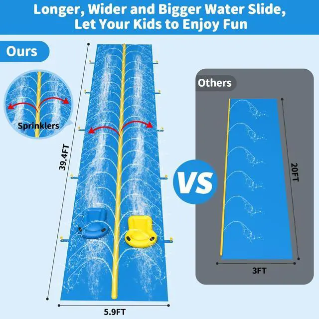 Alt view image 2 of 7 - Evoio Water Slides for Kids Backyard, 39.4 Ft Extra Long Heavy Duty Lawn Waterslide with Built-in Dual Lane Sprinkler and 2 Inflatable Bodyboards, Summer Outdoor Water Toy for Kids and Adults
