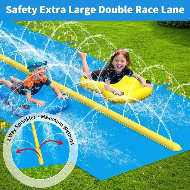 Alt view image 3 of 7 - Evoio Water Slides for Kids Backyard, 39.4 Ft Extra Long Heavy Duty Lawn Waterslide with Built-in Dual Lane Sprinkler and 2 Inflatable Bodyboards, Summer Outdoor Water Toy for Kids and Adults