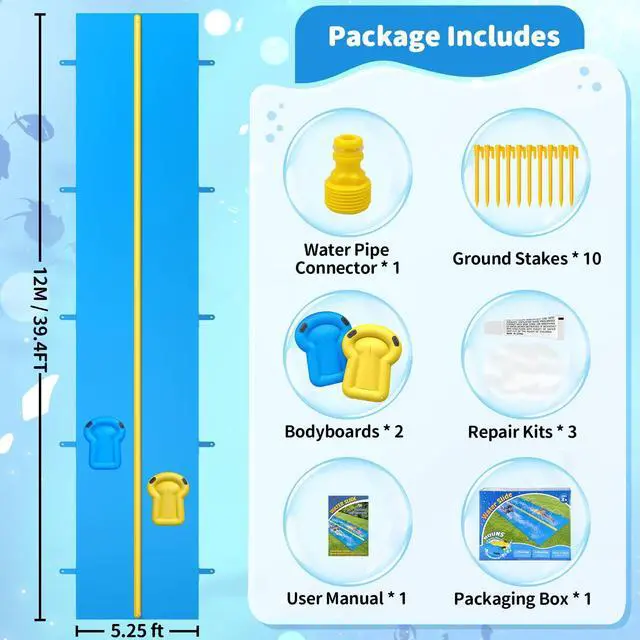 Alt view image 7 of 7 - Evoio Water Slides for Kids Backyard, 39.4 Ft Extra Long Heavy Duty Lawn Waterslide with Built-in Dual Lane Sprinkler and 2 Inflatable Bodyboards, Summer Outdoor Water Toy for Kids and Adults