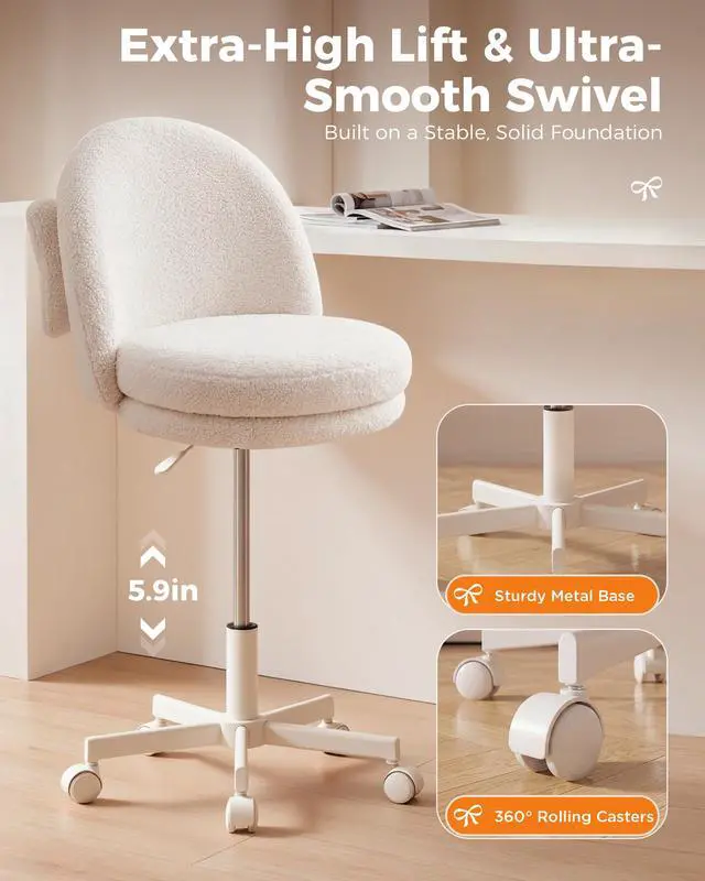 Alt view image 7 of 7 - GTPLAYER Velvet Tall Office Chair with Wheels Vanity Chairs with Back, Versatile Height Use: Office to Bar Stools Small Ergonomic Comfy Armlees Computer Desk Chair with Bow Lumbar Pillow for Gift