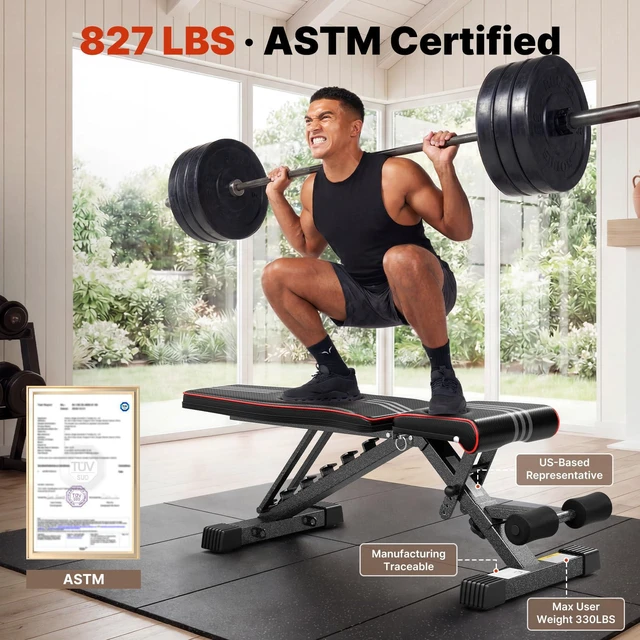 Alt view image 2 of 7 - Adjustable Weight Bench, ASTM-Certified 827LBS, 98% Pre-Assembled | Foldable Gym Bench with 84 Positions Incline Decline Flat, Wider Seat for Home Gym