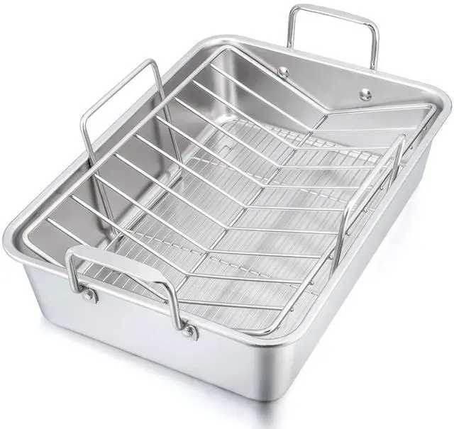 Main image of P&P CHEF 16" Roaster Roasting Pan with Baking Rack and V-shaped Rack, Stainless Steel Rectangular Lasagna Pan with Handles for Turkey Chicken, Healthy & Dishwasher Safe, 3 Pieces, Silver