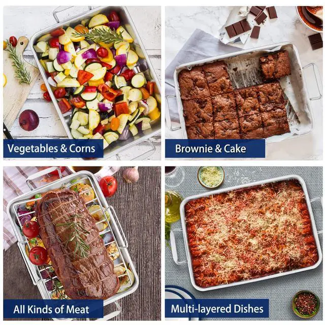 Alt view image 3 of 7 - P&P CHEF 16" Roaster Roasting Pan with Baking Rack and V-shaped Rack, Stainless Steel Rectangular Lasagna Pan with Handles for Turkey Chicken, Healthy & Dishwasher Safe, 3 Pieces, Silver