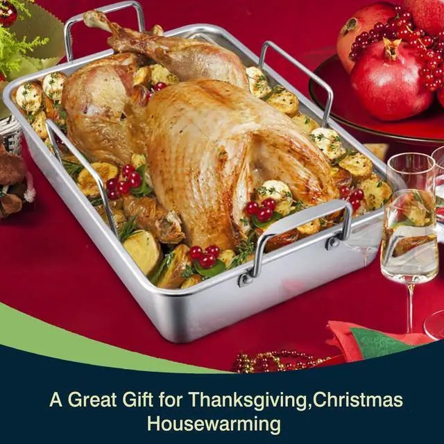 Alt view image 7 of 7 - P&P CHEF 16" Roaster Roasting Pan with Baking Rack and V-shaped Rack, Stainless Steel Rectangular Lasagna Pan with Handles for Turkey Chicken, Healthy & Dishwasher Safe, 3 Pieces, Silver