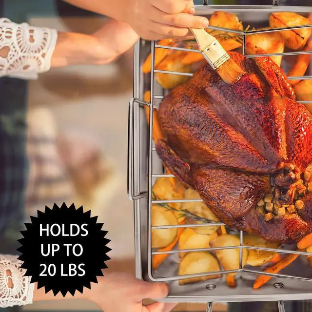 Alt view image 6 of 7 - P&P CHEF 16" Roaster Roasting Pan with Baking Rack and V-shaped Rack, Stainless Steel Rectangular Lasagna Pan with Handles for Turkey Chicken, Healthy & Dishwasher Safe, 3 Pieces, Silver