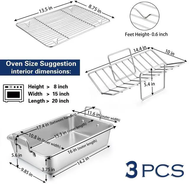 Alt view image 2 of 7 - P&P CHEF 16" Roaster Roasting Pan with Baking Rack and V-shaped Rack, Stainless Steel Rectangular Lasagna Pan with Handles for Turkey Chicken, Healthy & Dishwasher Safe, 3 Pieces, Silver