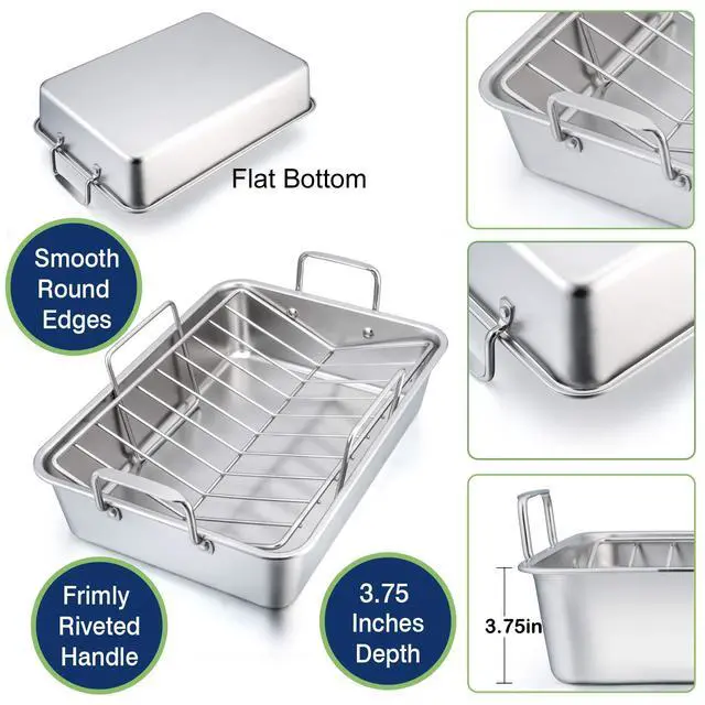 Alt view image 4 of 7 - P&P CHEF 16" Roaster Roasting Pan with Baking Rack and V-shaped Rack, Stainless Steel Rectangular Lasagna Pan with Handles for Turkey Chicken, Healthy & Dishwasher Safe, 3 Pieces, Silver