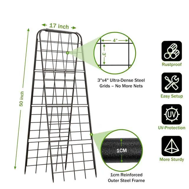 Alt view image 2 of 6 - Heavy Duty 50"x17" Adjustable A-Frame Trellis for Climbing Plants Rust-Proof Metal Garden Trellis with Dense Grid Design, Perfect for Raised Beds, Tomatoes, Cucumbers & Outdoor Vines (Black, 1 Pcs)
