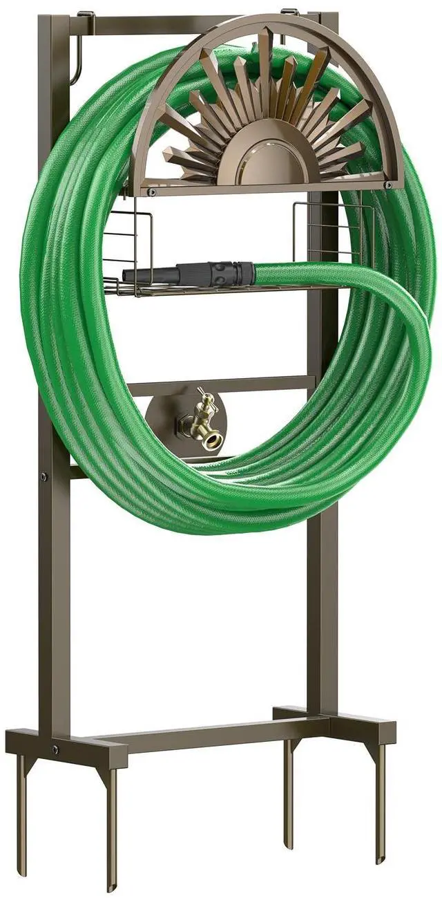 Main image of GOFORWILD Garden Hose Holder with Brass Faucet, Freestanding Water Hose Stand with Storage Basket, Detachable Heavy Duty Hose Reel Hanger Holds 150-Feet Hose for Outside Patio Yard Lawn