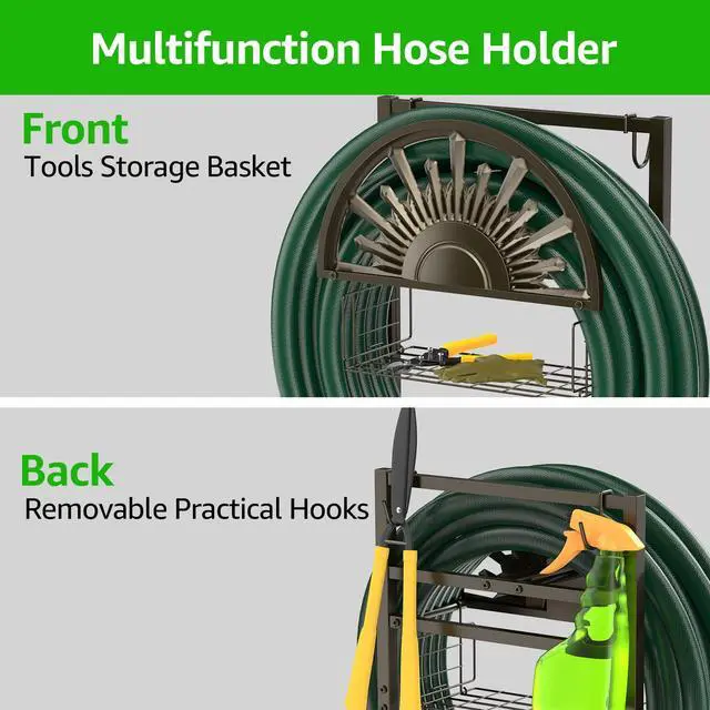 Alt view image 2 of 7 - GOFORWILD Garden Hose Holder with Brass Faucet, Freestanding Water Hose Stand with Storage Basket, Detachable Heavy Duty Hose Reel Hanger Holds 150-Feet Hose for Outside Patio Yard Lawn