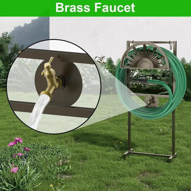 Alt view image 3 of 7 - GOFORWILD Garden Hose Holder with Brass Faucet, Freestanding Water Hose Stand with Storage Basket, Detachable Heavy Duty Hose Reel Hanger Holds 150-Feet Hose for Outside Patio Yard Lawn