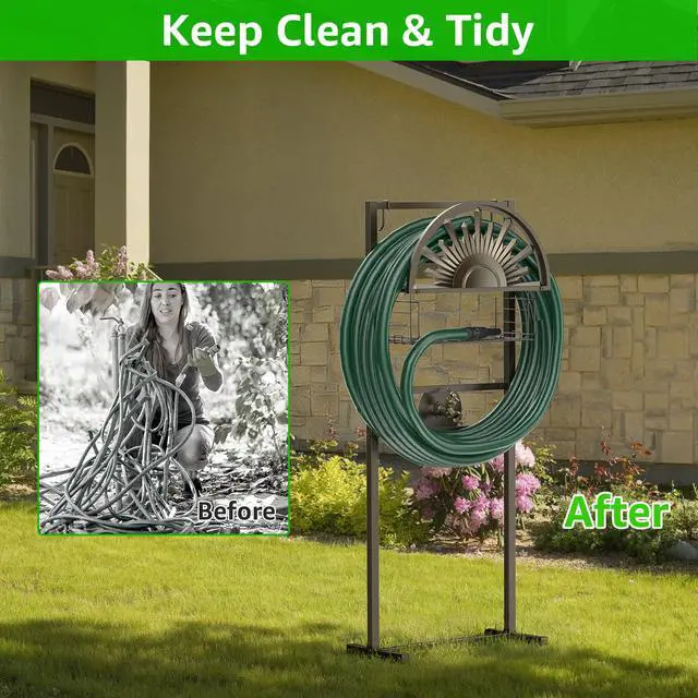 Alt view image 7 of 7 - GOFORWILD Garden Hose Holder with Brass Faucet, Freestanding Water Hose Stand with Storage Basket, Detachable Heavy Duty Hose Reel Hanger Holds 150-Feet Hose for Outside Patio Yard Lawn