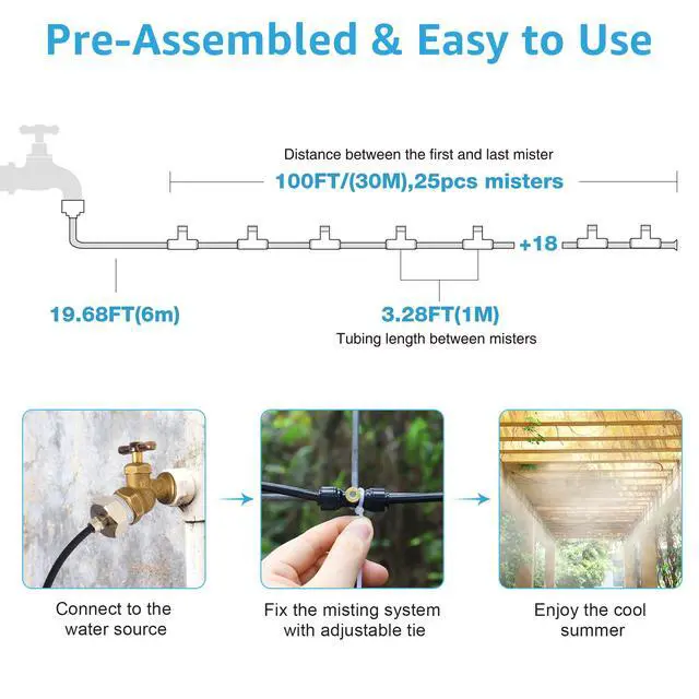 Alt view image 2 of 7 - Bonviee Misters for Outside Patio, 100FT Misting Cooling System for Patio, 100FT (30M) Misting Line+28 Mist Nozzles+3/4" Brass Adapter, Pre-Assembled Garden & Greenhouse Watering System