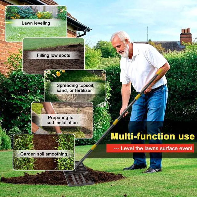 Alt view image 5 of 7 - Large Lawn Leveling Rake - Heavy Duty 30"x10" Stainless Steel Leveler Plate,Reinforced Welds,28-72" Adjustable, Anti Flipping Smooth Edge,for Soil, Dirt,Ground,Golf,Yard Top Dressing,Landscaping